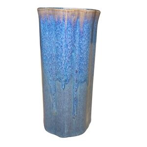 Bay Pottery Vase Blue Drip Glaze Art  USA Vintage Signed Potter Ruffle 7” Tall
